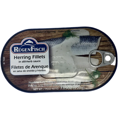 Rugen Fisch Canned Fish Fillets & Snacks Collection Herring Fillets Dill & Herbs Sauce 7.05oz 200g Rügen Fisch