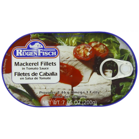 Rugen Fisch Canned Fish Fillets & Snacks Collection Mackerel Fillets in Cream Tomato Sauce Smoked 7.05oz 200g Rügen Fisch