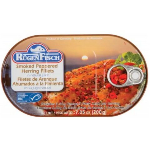 Rugen Fisch Canned Fish Fillets & Snacks Collection Smoked Herring Fillets Peppered 7.05oz 200g Rügen Fisch