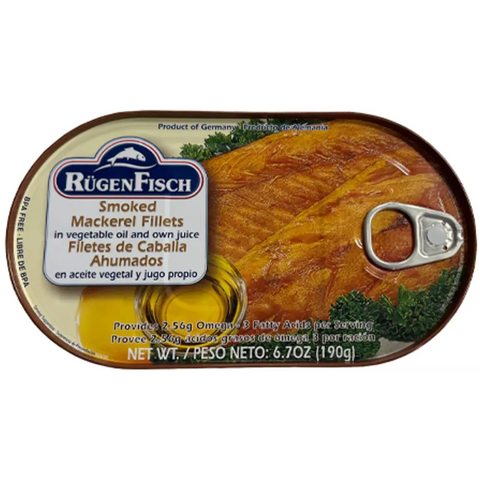 Rugen Fisch Canned Fish Fillets & Snacks Collection Smoked Mackerel Fillets in Vegetable Oil 6.7oz 190g Rügen Fisch