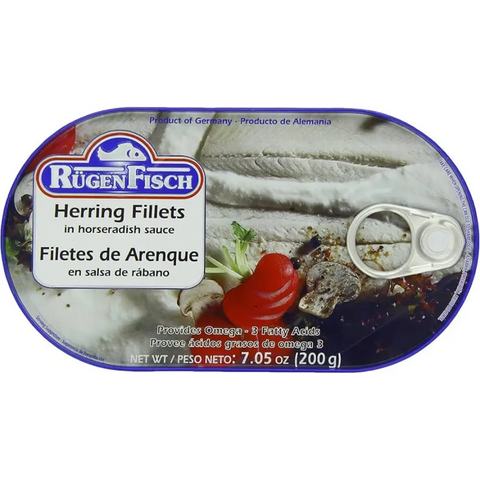 Rugen Fisch Canned Fish Fillets & Snacks Collection Herring Fillets in Horseradish Sauce 7.05oz 200g Rügen Fisch