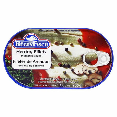 Rugen Fisch Canned Fish Fillets & Snacks Collection Herring Fillets in Paprika Sauce 7.05oz 200g Rügen Fisch