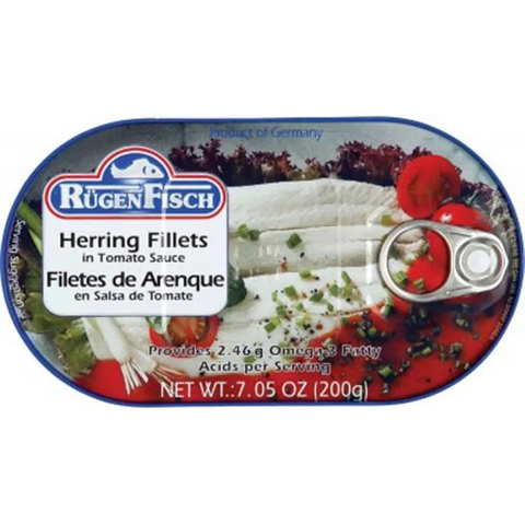 Rugen Fisch Canned Fish Fillets & Snacks Collection Herring Fillets in Tomato Sauce 7.05oz 200g Rügen Fisch