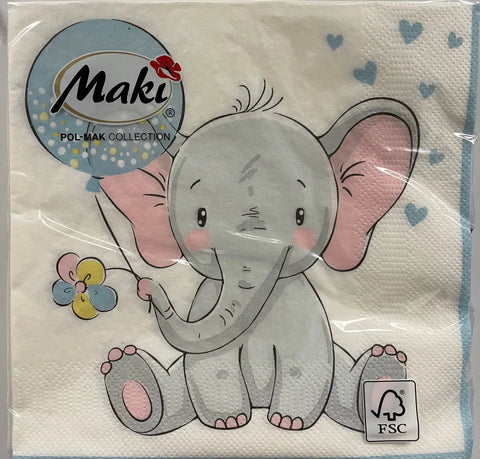 Elephant Napkins with Balloon Blue Pack of 20 Lalix