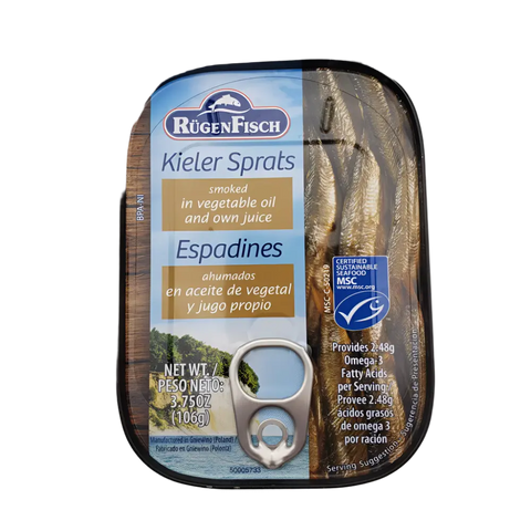 Rugen Fisch Canned Fish Fillets & Snacks Collection Smoked Kieler Sprats in Vegetable Oil & Own Juice 3.75oz 106g Rügen Fisch