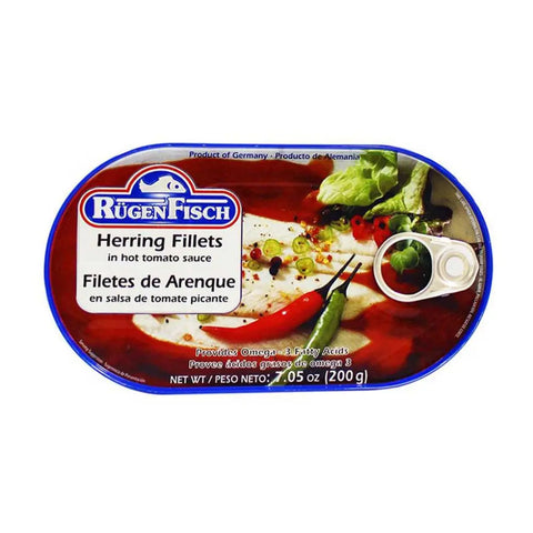 Rugen Fisch Canned Fish Fillets & Snacks Collection Herring Fillets in Hot Tomato Sauce 7.05oz 200g Rügen Fisch