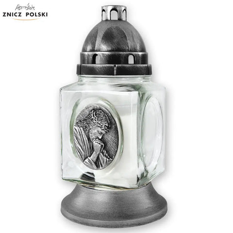 Glass Grave Candle – KWD PJ Large with Jesus Image Silver Znicz Polski