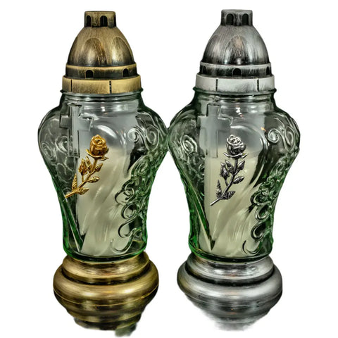 Glass Grave Candle – Model P69 "Rose" Heart-Shaped with Flower Design Znicz Polski