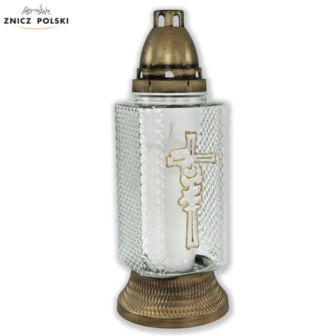 Crystal Glass Grave Candle – Model Z364 with Glitter Cross Gold Znicz Polski