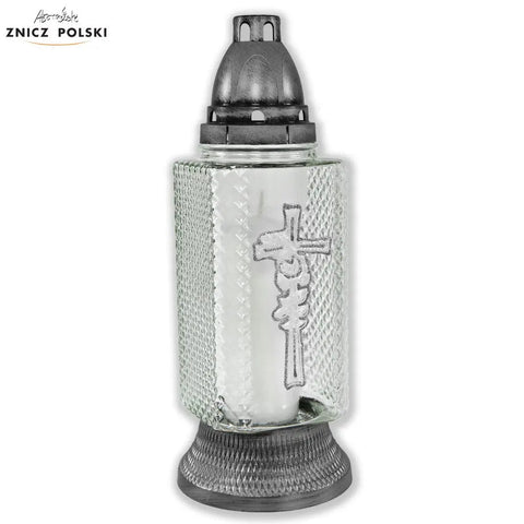 Crystal Glass Grave Candle – Model Z364 with Glitter Cross Silver Znicz Polski