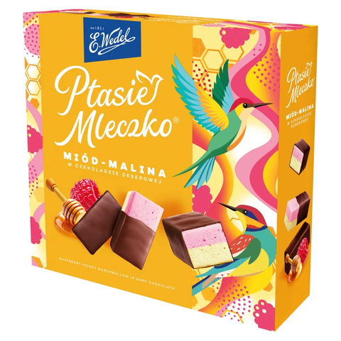 Wedel Bird’s Milk (Ptasie Mleczko) Honey & Raspberry Covered Marshmallow Treats Chocolate Honey & Raspberry 12oz 340g E.Wedel