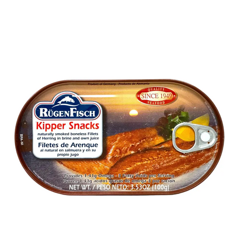 Rugen Fisch Canned Fish Fillets & Snacks Collection Smoked Herring Filets Kipper Snack 3.53oz 100g Rügen Fisch