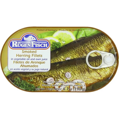Rugen Fisch Canned Fish Fillets & Snacks Collection Smoked Herring in Vegetable Oil & Own Juice 6.7oz 190g Rügen Fisch