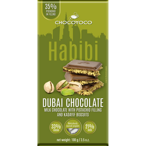 Chocoyoco Dubai Milk Chocolate with Pistachio Filling and Kadaif Biscuits 3.5oz 100g Chocoyoco