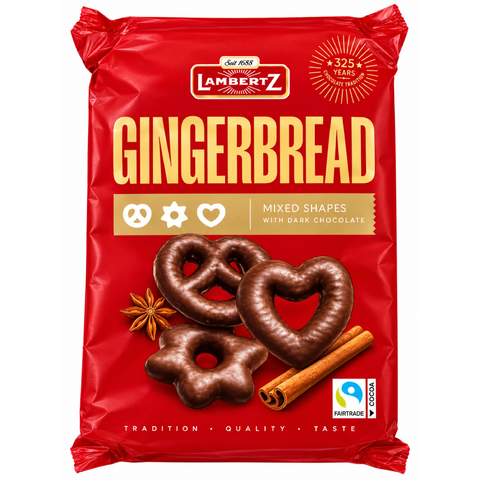 Lambertz Gingerbread Hearts, Stars & Pretzels – Chocolate Covered Soft Gingerbread Cookies 14.1oz 400g Dark Lambertz