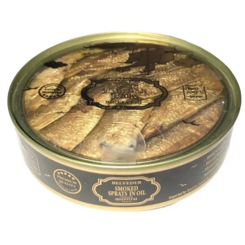 Belveder Riga Smoked Sprats in Oil Clear Tops 5.6oz 160g Belveder