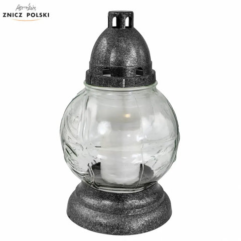 Glass Grave Candle – “Kula” Globe-Shaped Memorial Light Silver Znicz Polski