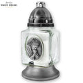 Glass Grave Candle – KWD PJ Large with Jesus Image Silver Znicz Polski