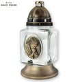 Glass Grave Candle – KWD PJ Large with Jesus Image Gold Znicz Polski