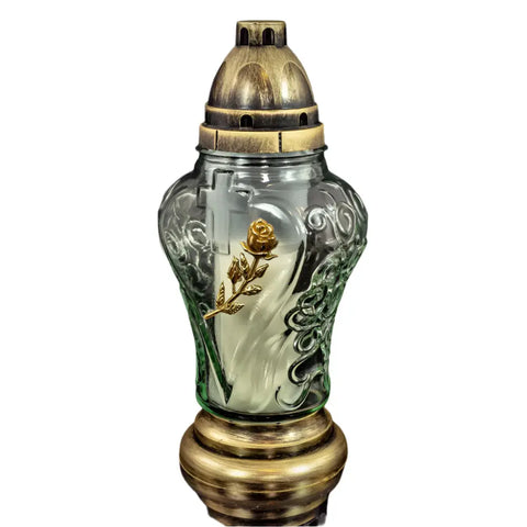 Glass Grave Candle – Model P69 "Rose" Heart-Shaped with Flower Design Gold Znicz Polski