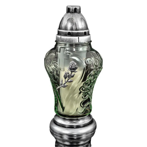 Glass Grave Candle – Model P69 "Rose" Heart-Shaped with Flower Design Silver Znicz Polski
